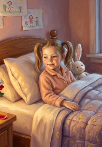 A child tucked up in bed with their bunny, from our Alice in Wonderland book
