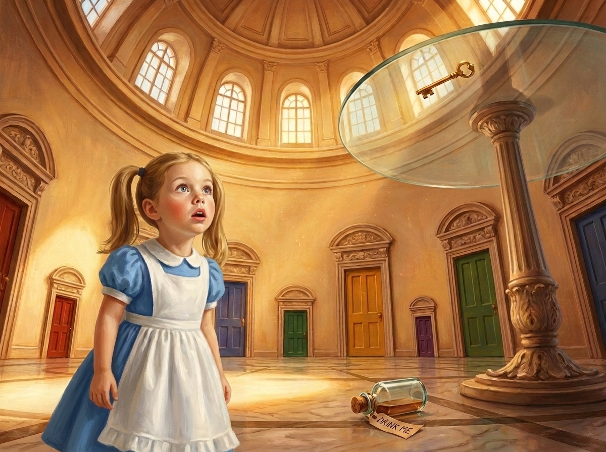A child painted as the hero, falling through Wonderland