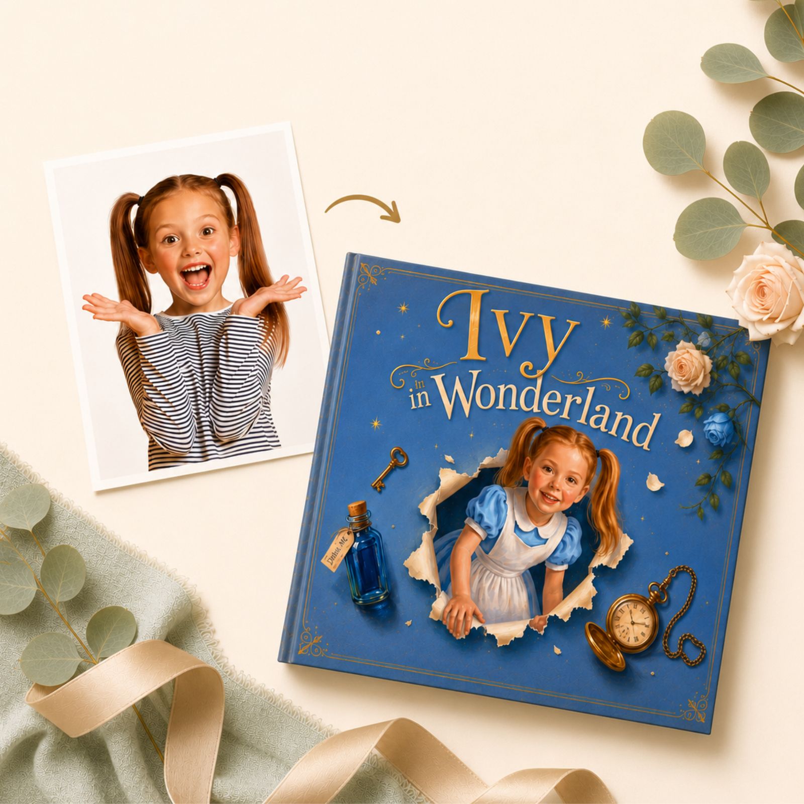 A child's photo beside her finished, personalized Alice in Wonderland hardcover