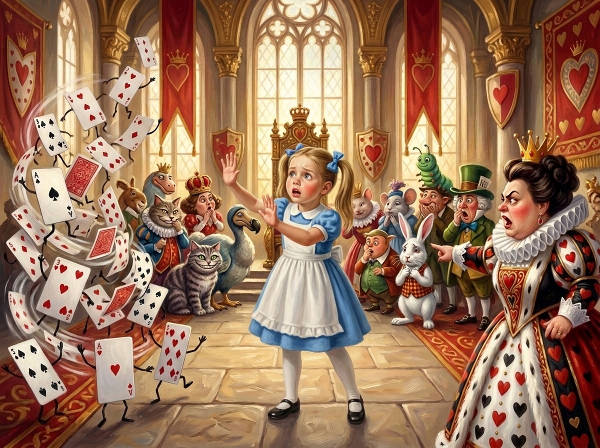 A child as Alice before the Queen of Hearts