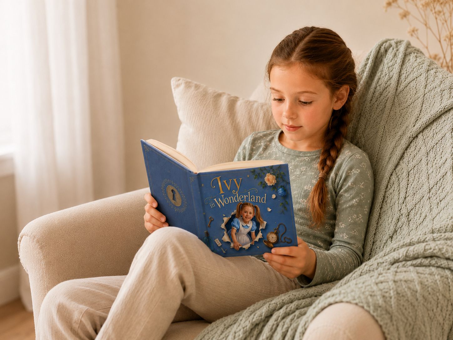A child reading her finished, personalized Alice in Wonderland hardcover