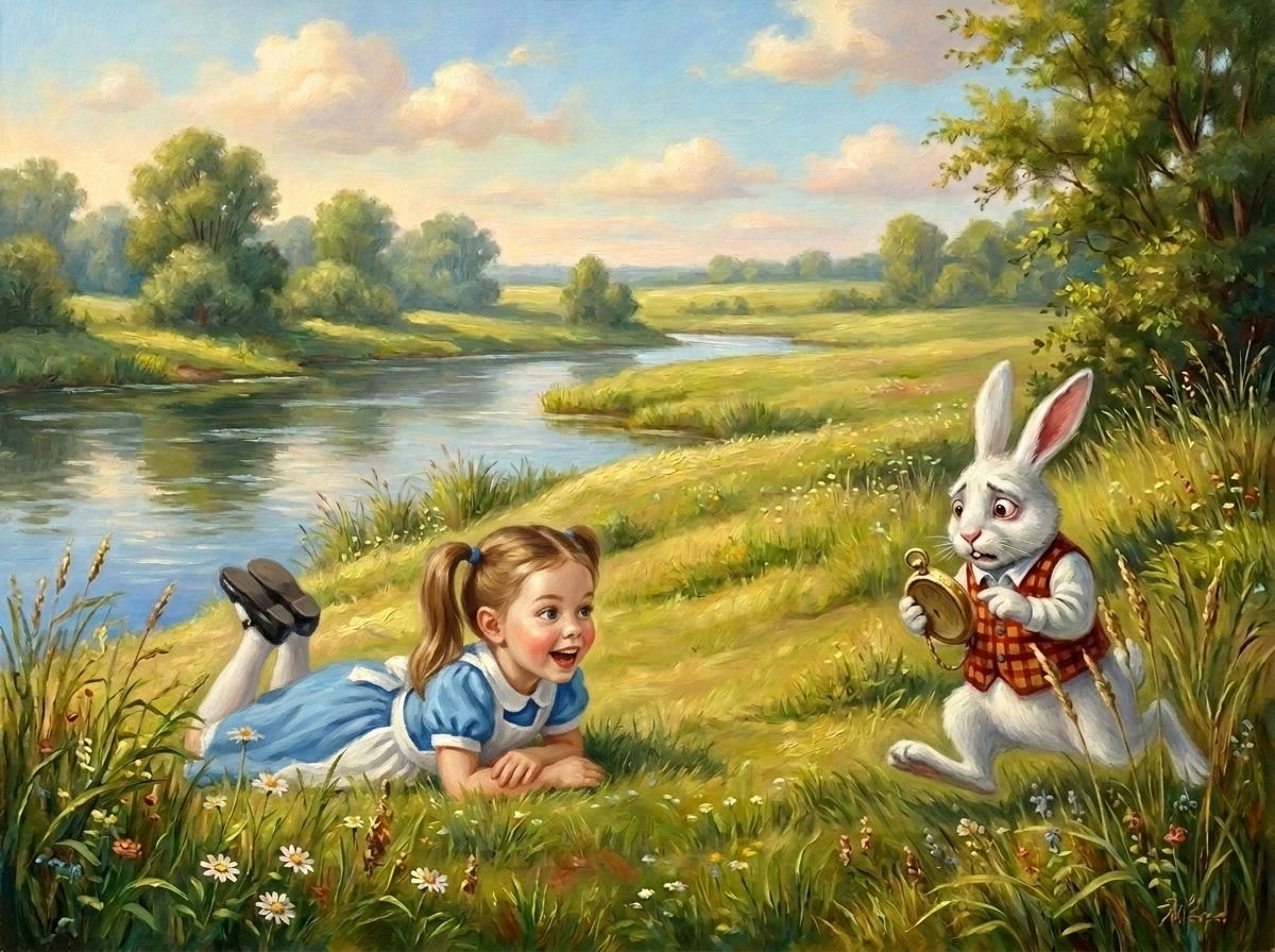 The opening riverbank scene with the child as Alice