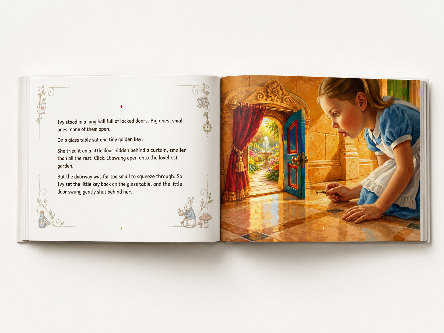 The personalized Alice in Wonderland hardcover, open to show Lily as the hero