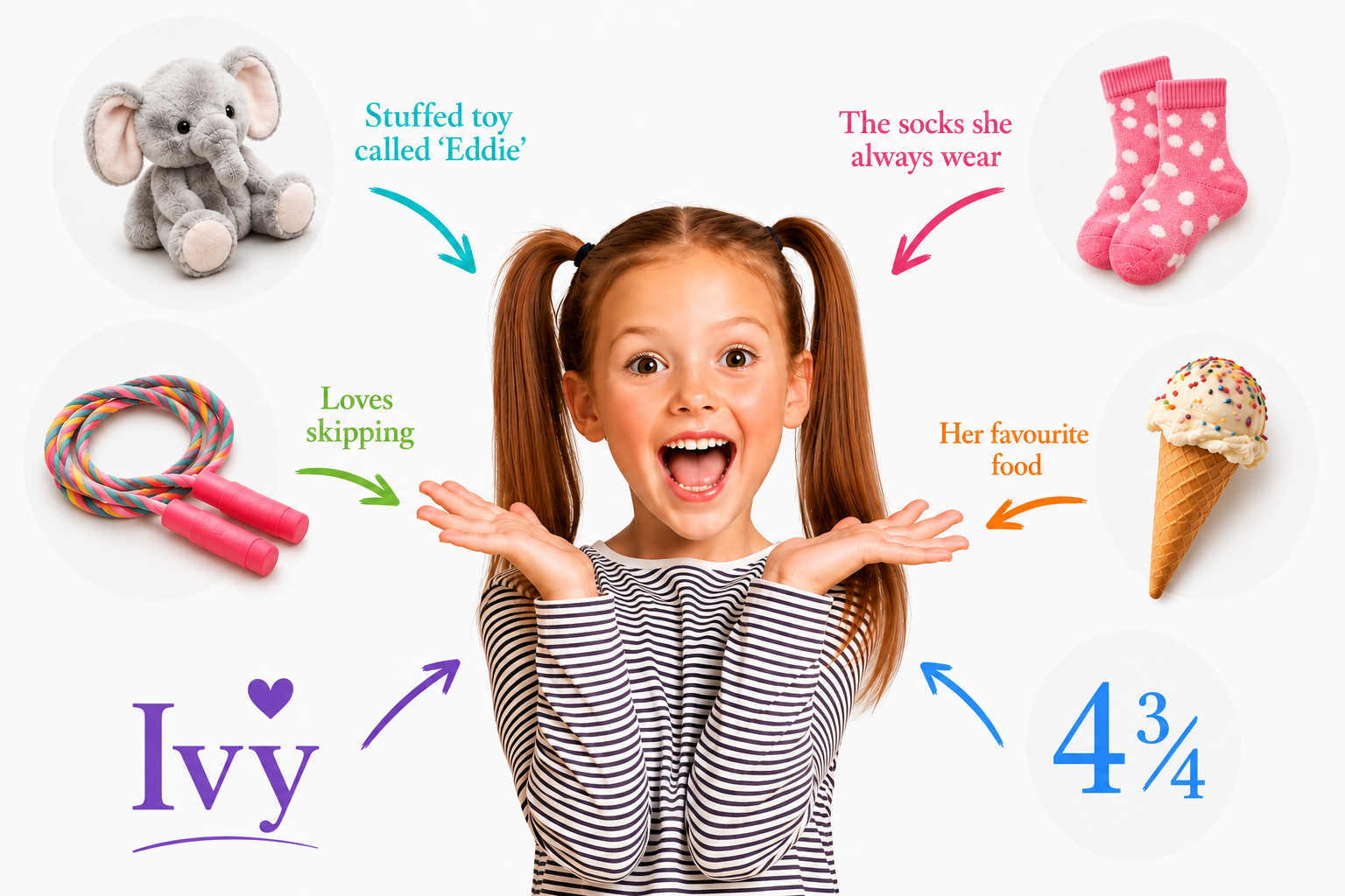 Ivy's photo surrounded by her favorite things, with her name and age