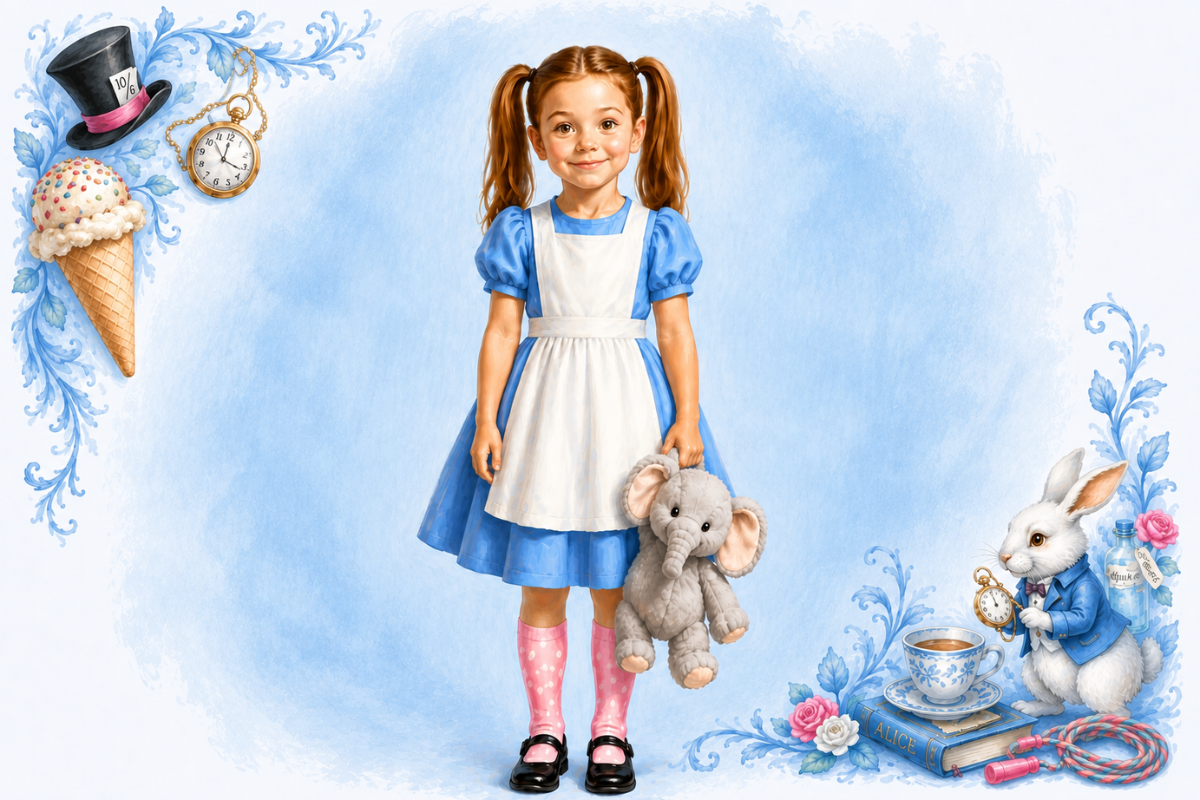 Ivy painted as the Alice character, holding her toy elephant, with her favorite things around her