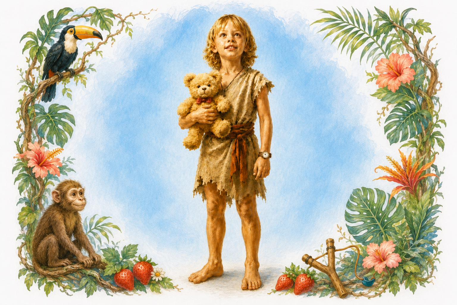 James painted as the Jungle Book character, holding his teddy Honey, with his favorite things around him