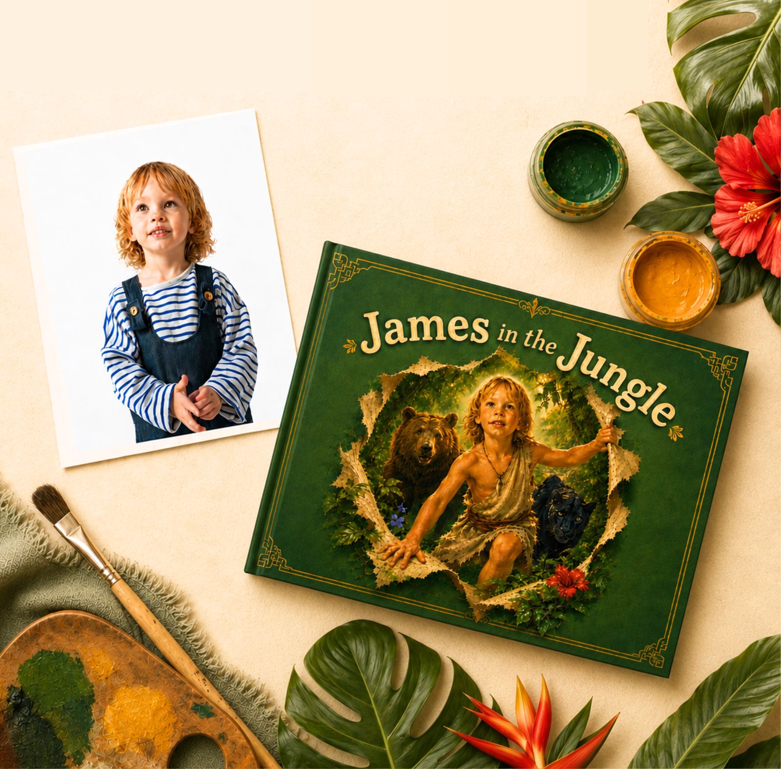 A child's photo beside his finished, personalized Jungle Book hardcover
