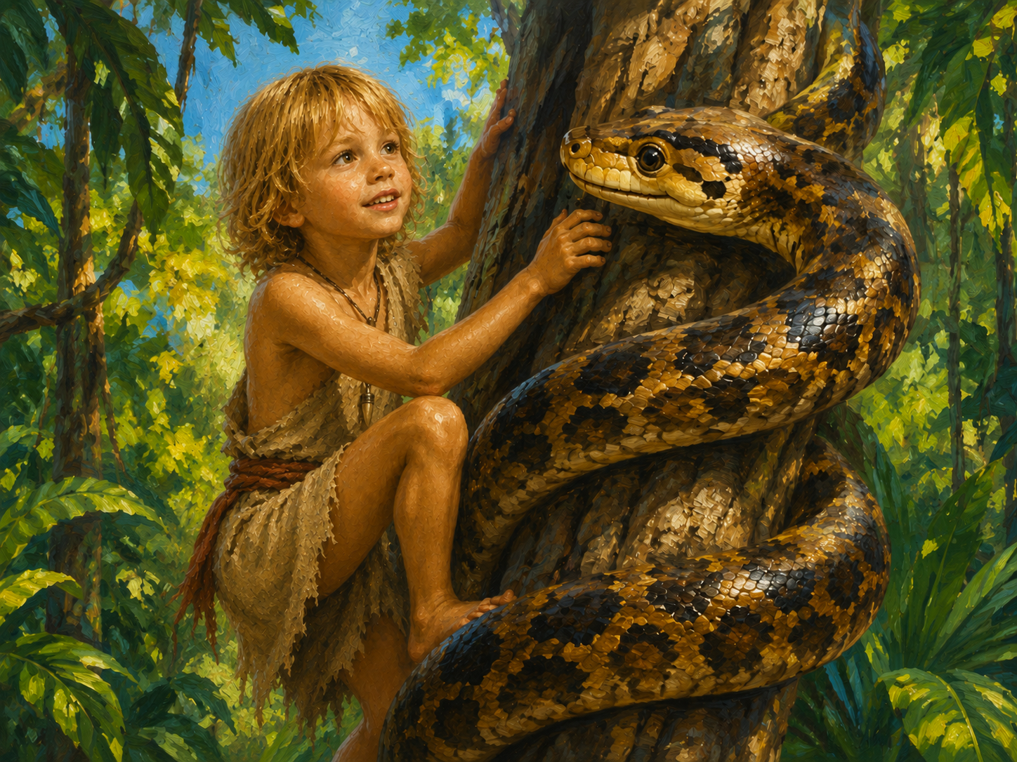 James painted asleep at the roots of a jungle tree as Mother Wolf and her cubs look on