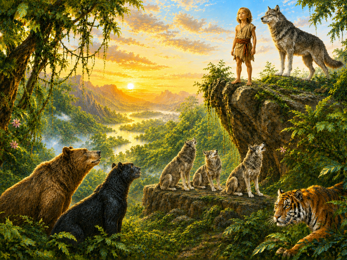 James painted before Council Rock, facing the wolf pack, Baloo and Bagheera