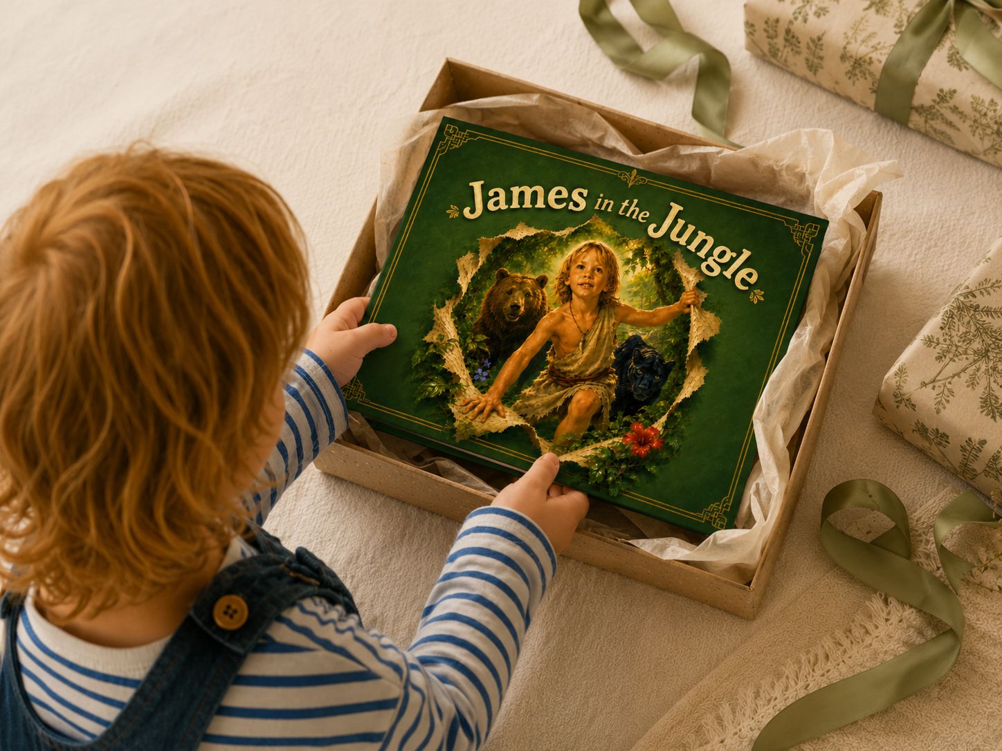 A child lifting his finished, personalized Jungle Book hardcover out of its gift box