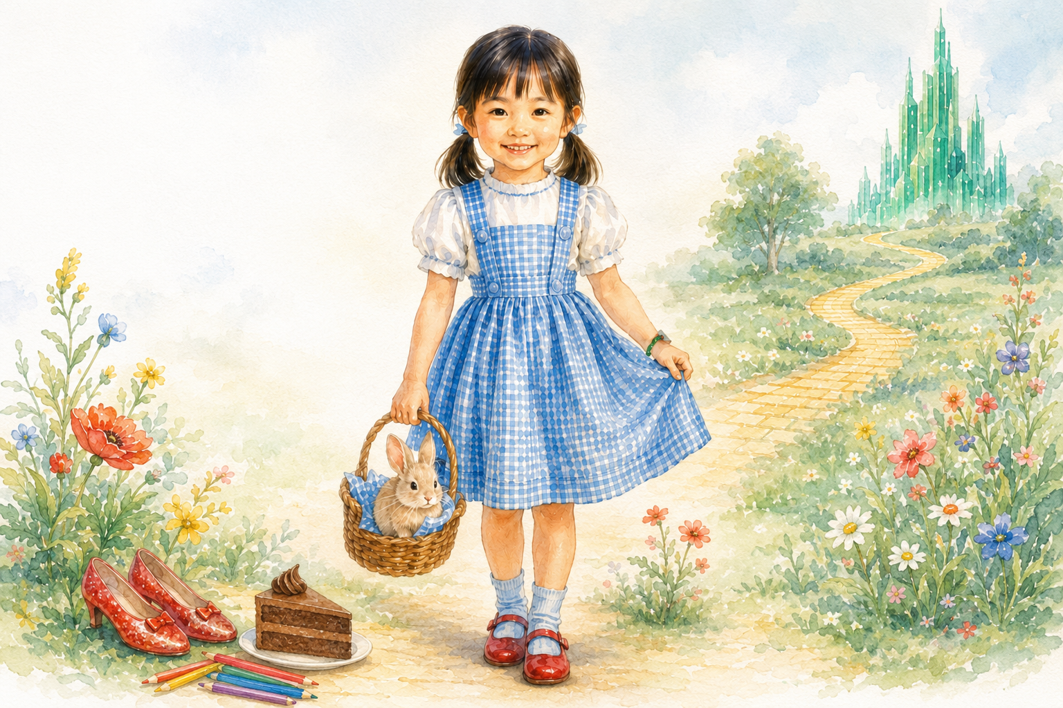 Lily painted as Dorothy on the yellow brick road, with her favorite things at her feet