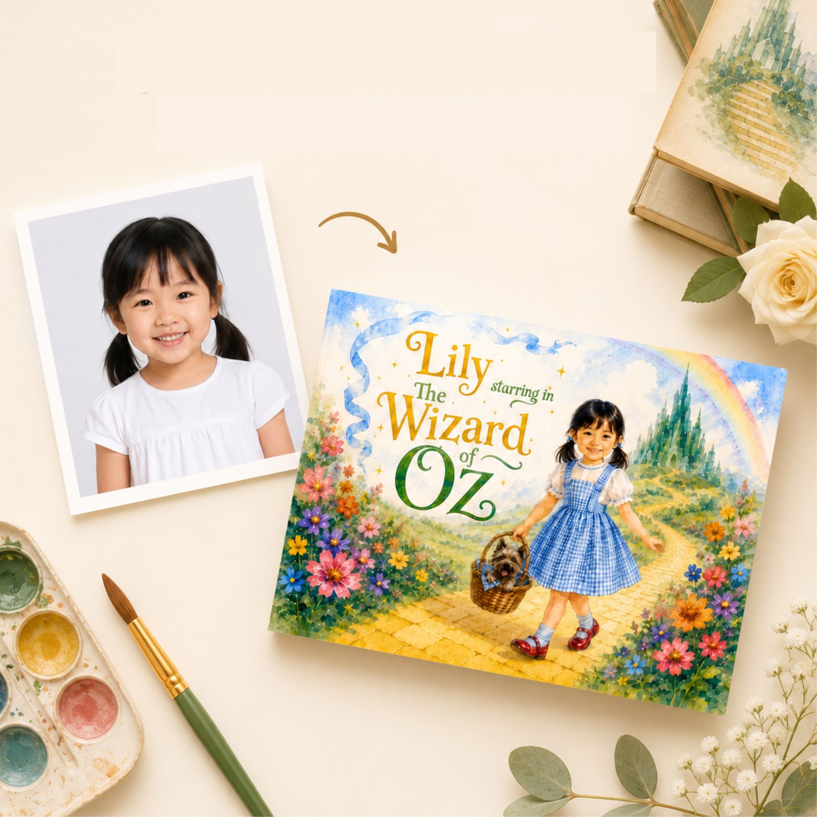 Lily's photo beside her finished, personalised Wizard of Oz hardcover