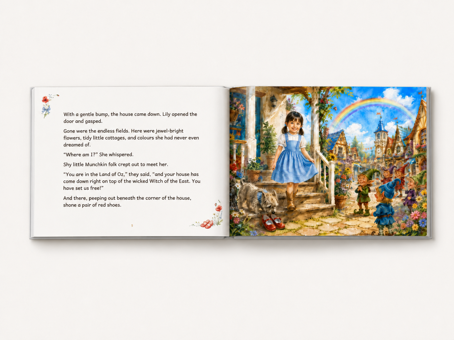 The personalized Wizard of Oz hardcover, open at the page where the twister carries Lily away