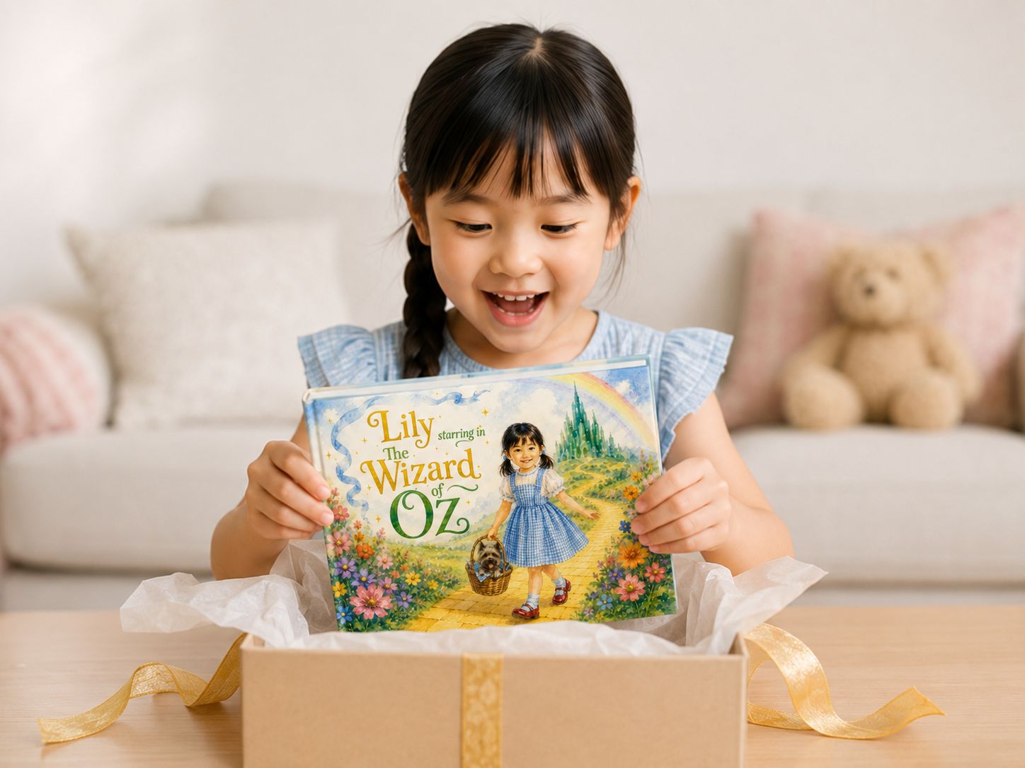 A child lifting her finished, personalized Wizard of Oz hardcover out of its gift box