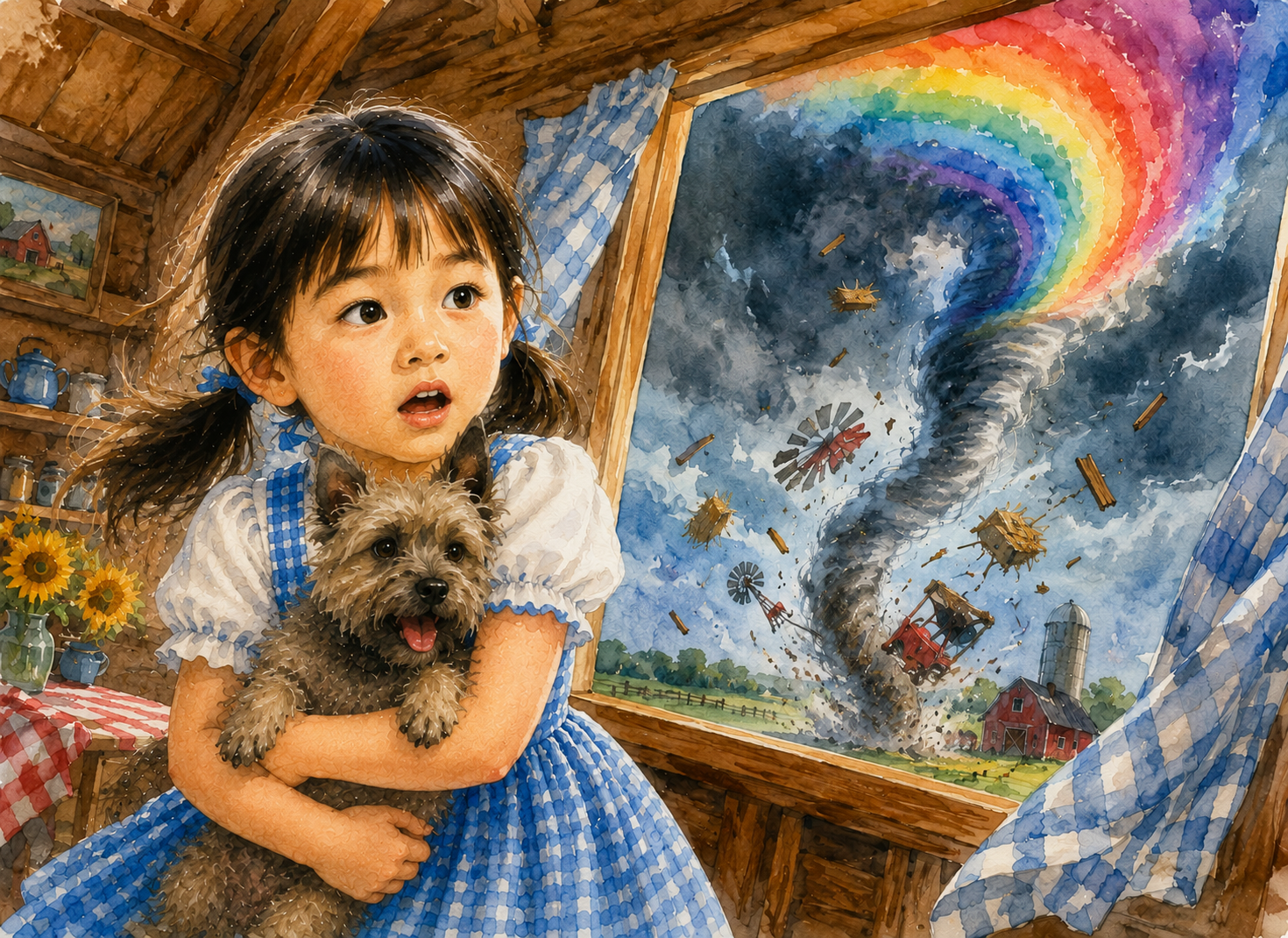 Lily painted as Dorothy clutching Toto as the twister bears down on the farmhouse