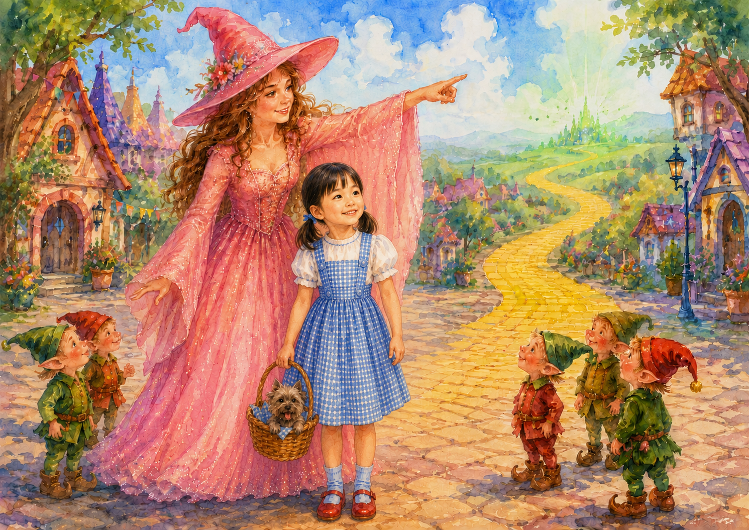 Lily painted as Dorothy arriving in Munchkinland, the Emerald City glowing in the distance