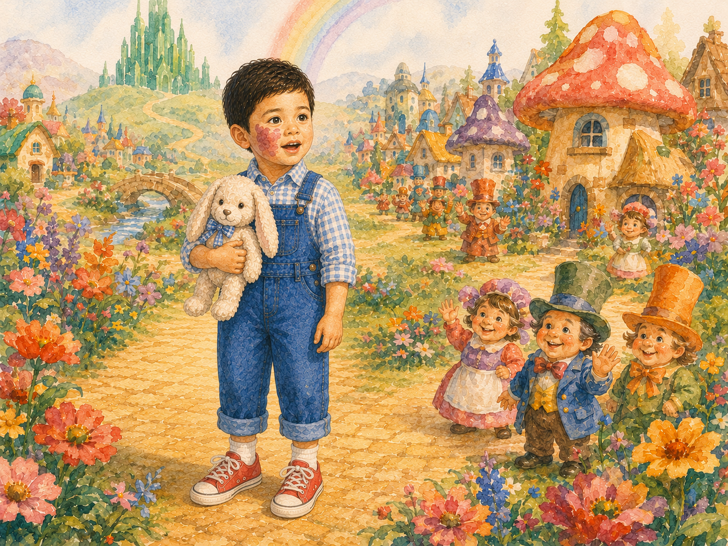 A child in an illustrated scene, holding his toy rabbit