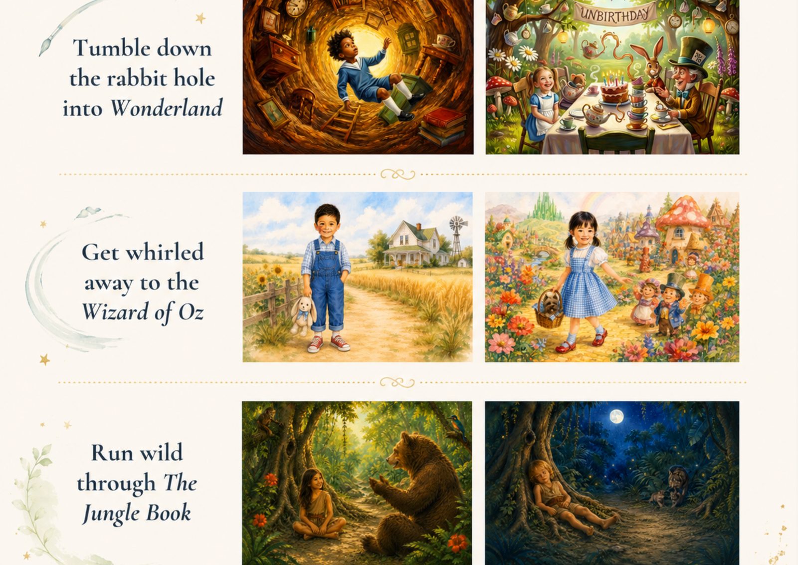 Six story scenes across Wonderland, Oz and the Jungle Book, each starring a different child as the hero